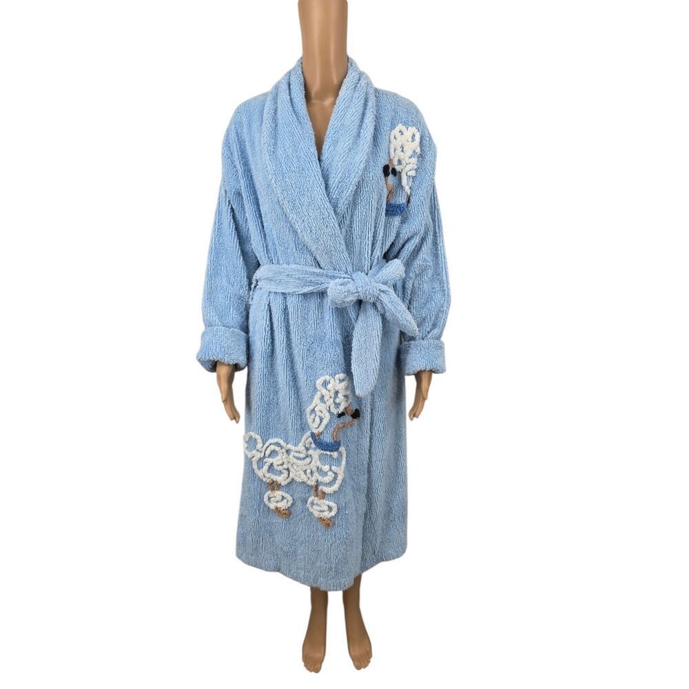 Canyon Group Vintage Chenille Light Blue Robe with Poodle Embroidery RARE